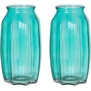 Bellatio Design Bloemenvaas - 2x - turqouise blauw - transparant glas - D12 x H22 cm - vaas