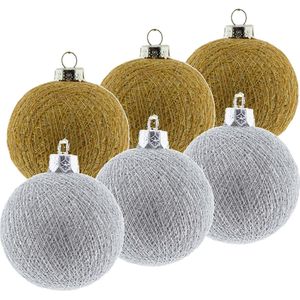 6x Gouden en zilveren kerstballen 6,5 cm Cotton Balls - Kerstversiering - Kerstboomdecoratie - Kerstboomversiering - Hangdecoratie - Kerstballen in de kleur goud en zilver