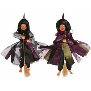 Halloween decoratie heksen pop op bezem - 2x - 40 cm - grijs/roze