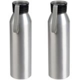 2x Stuks aluminium waterfles/drinkfles zilver met grijze kunststof schroefdop 650 ml - Sportfles - Bidon