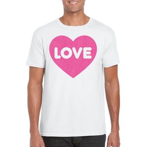 Bellatio Decorations Gay Pride T-shirt voor heren - liefde/love - wit - roze glitter hart - LHBTI