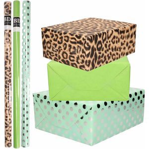6x Rollen kraft inpakpapier/folie pakket - panterprint/groen/mint groen met zilveren stippen 200 x 70 cm - dierenprint papier