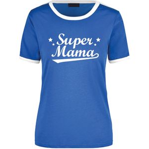 Super mama blauw/wit ringer t-shirt - dames - Moederdag/ verjaardag cadeau shirt