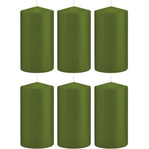 6x Olijfgroene cilinderkaarsen/stompkaarsen 8 x 15 cm 69 branduren - Geurloze kaarsen olijf groen - Woondecoraties