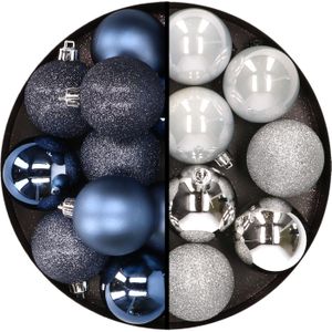 24x stuks kunststof kerstballen mix van donkerblauw en zilver 6 cm - Kerstversiering