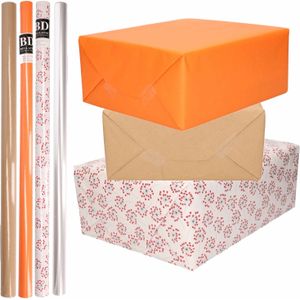 8x Rollen transparant folie/inpakpapier pakket - oranje/bruin/wit met hartjes 200 x 70 cm - cadeau/kaften/verzendpapier/cellofaan