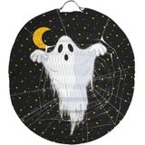 2x stuks ronde lampion 22 cm spook zwart met lampionstokjes - Halloween trick or treat lampionnen versiering