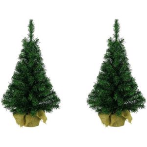 2x Volle mini kunst kerstboompjes/kunstboompjes in jute zak 35 cm  - Kunst kerstbomen / kunstbomen - Miniboompjes