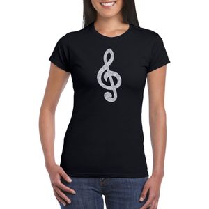 Zilveren muziek noot G-sleutel / muziek feest t-shirt / kleding - zwart - voor dames - muziek shirts / muziek liefhebber / outfit