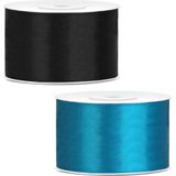 Sierlinten/cadeaulinten/satijnen linten - Set 2x stuks - zwart en turquoise blauw - 38 mm x 25 meter