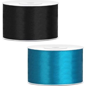 Sierlinten/cadeaulinten/satijnen linten - Set 2x stuks - zwart en turquoise blauw - 38 mm x 25 meter