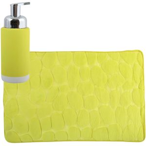 MSV badkamer droogloop mat/tapijt Kiezel motief - 50 x 80 cm - zelfde kleur zeeppompje 260 ml - limegroen