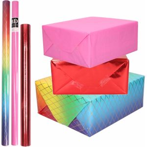9x Rollen kraft inpakpapier regenboog pakket - regenboog/metallic rood/roze 200 x 70/50 cm - cadeau/verzendpapier