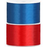 Set van 2 stuks sierlinten/cadeaulinten/satijnen linten blauw en rood 38 mm x 25 meter