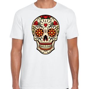 Bellatio Decorations Sugar Skull t-shirt heren - wit - Day of the Dead - punk/rock/tattoo thema