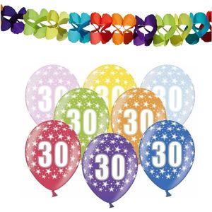 Partydeco 30e jaar verjaardag feestversiering set - 12x ballonnen en 2x feestslingers