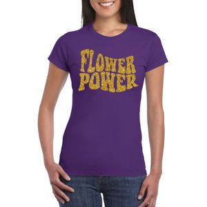 Toppers Paars Flower Power t-shirt met gouden letters dames - Sixties/jaren 60 kleding