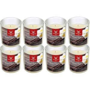 8x Geurkaarsen anti tabak/vanille geur in glazen houder 25 branduren - Tegen rooklucht/anti tabak - Geurkaarsen vanillegeur - Woondecoraties
