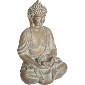 Atmosphera Boeddha beeld - zittend - binnen/buiten - kunststeen - beige gebleekt - 39 cm