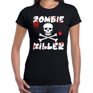 Halloween zombie killer t-shirt zwart dames - Zombie killer met doodskop shirt