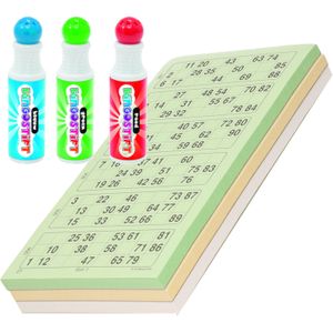 100x Bingokaarten nummers 1-90 inclusief 3x bingo stiften blauw/groen/rood