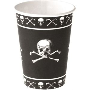 8x stuks zwarte piraten thema drink bekers met doodshoofd 250 ml - Verjaardag feestartikelen