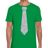 Groen fun t-shirt met stropdas in glitter zilver heren
