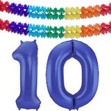 Folat folie ballonnen - Leeftijd cijfer 10 - blauw - 86 cm - en 2x slingers