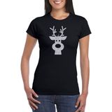 Rendier hoofd Kerst t-shirt - zwart met zilveren glitter bedrukking - dames - Kerstkleding / Kerst outfit