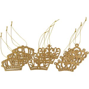 18x stuks kronen kersthangers glitter goud van hout 7 cm kerstornamenten - Kerstboomversiering - Kerstornamenten