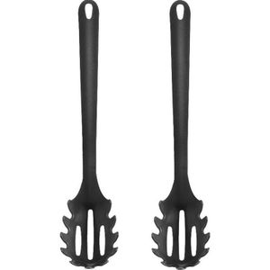 Set van 2x stuks kunststof spaghetti lepel/opscheplepel zwart 30 cm keukengerei - Zwarte pasta opscheplepels van plastic