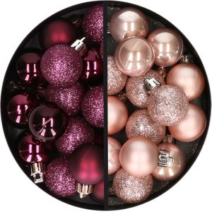Kerstballen 34x st - 3 cm - aubergine paars en lichtroze - kunststof
