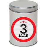 Cadeau/kado zilver rond blik 3 jaar 13 cm - Snoepblikken - Cadeauverpakking voor verjaardag