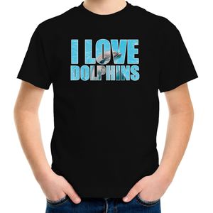 Tekst shirt I love dolphins met dieren foto van een dolfijn zwart voor kinderen - cadeau t-shirt dolfijnen liefhebber - kinderkleding / kleding