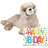 Ravensden Verjaardag cadeau Zeehond pup 23 cm en Happy Birthday wenskaart