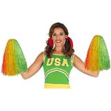 2x Stuks cheerball/pompom rood/geel/groen met ringgreep 33 cm - Cheerleader verkleed accessoires