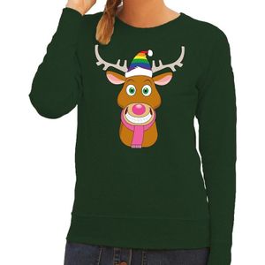 Foute kersttrui / sweater Gay Ruldolf met regenboog muts en roze sjaal groen voor dames - Kersttruien