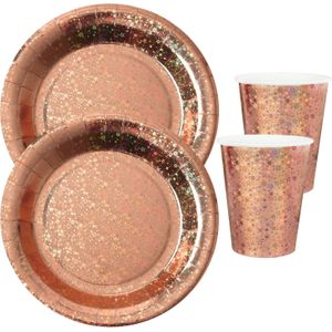 Feest wegwerp servies set - glitter - 20x bordjes / 20x bekers - rose goud