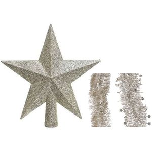 Kerstversiering kunststof glitter ster piek 19 cm en folieslingers pakket licht parel/champagne van 3x stuks - Kerstboomversiering