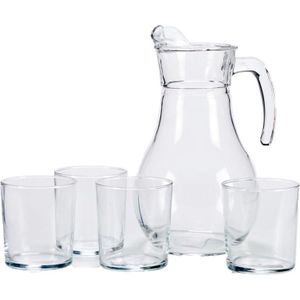 Glazen karaf/schenkkan met deksel 1,8 liter met 4 drinkglazen 400 ml - Geschenk set waterkaraf met glazen - sapkannen/waterkannen/schenkkannen