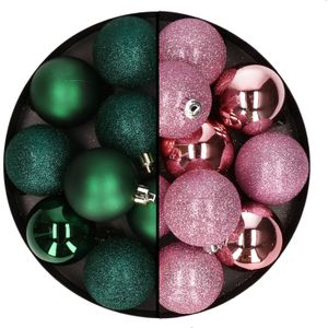 24x stuks kunststof kerstballen mix van donkergroen en roze 6 cm - Kerstversiering