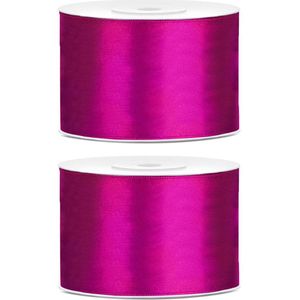 2x Hobby/decoratie donker fuchsia roze satijnen sierlinten 5 cm/50 mm x 25 meter - Cadeaulint satijnlint/ribbon - Donker fuchsia linten - Hobbymateriaal benodigdheden - Verpakkingsmaterialen