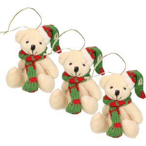 3x Kersthangers knuffelbeertjes wit met gekleurde sjaal en muts 7 cm - Kerst hangdecoratie - Kerstboom versiering