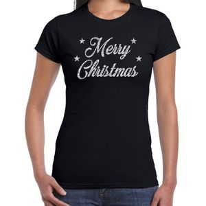 Foute Kerst t-shirt - Merry Christmas - zilver / glitter - zwart - dames - kerstkleding / kerst outfit