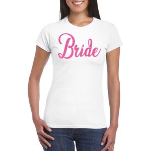 Bellatio Decorations Vrijgezellenfeest T-shirt voor dames - bride - wit - roze glitter - bruiloft