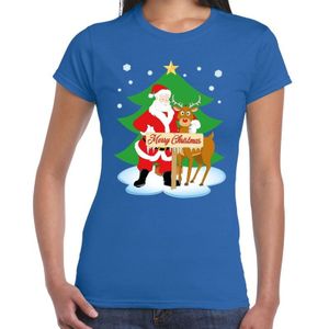 Foute Kerst t-shirt met de kerstman en rendier Rudolf blauw voor dames