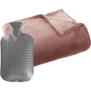 Fleece deken/plaid Oud Roze 125 x 150 cm en een warmwater kruik 2 liter