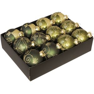 Othmara Kerstballen - 12st - glas - gedecoreerd donkergroen - 7,5 cm