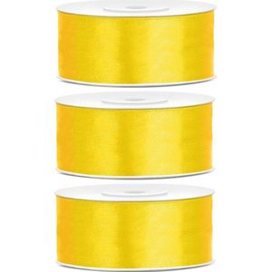 3x Hobby/decoratie gele satijnen sierlinten 2,5 cm/25 mm x 25 meter - Cadeaulinten satijnlinten/ribbons - Gele linten - Hobbymateriaal benodigdheden - Verpakkingsmaterialen