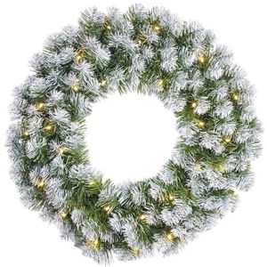 Kerstkrans/deurkrans groen met verlichting 30 LEDS en sneeuw 60 cm - Deurkransen/voordeur kransen